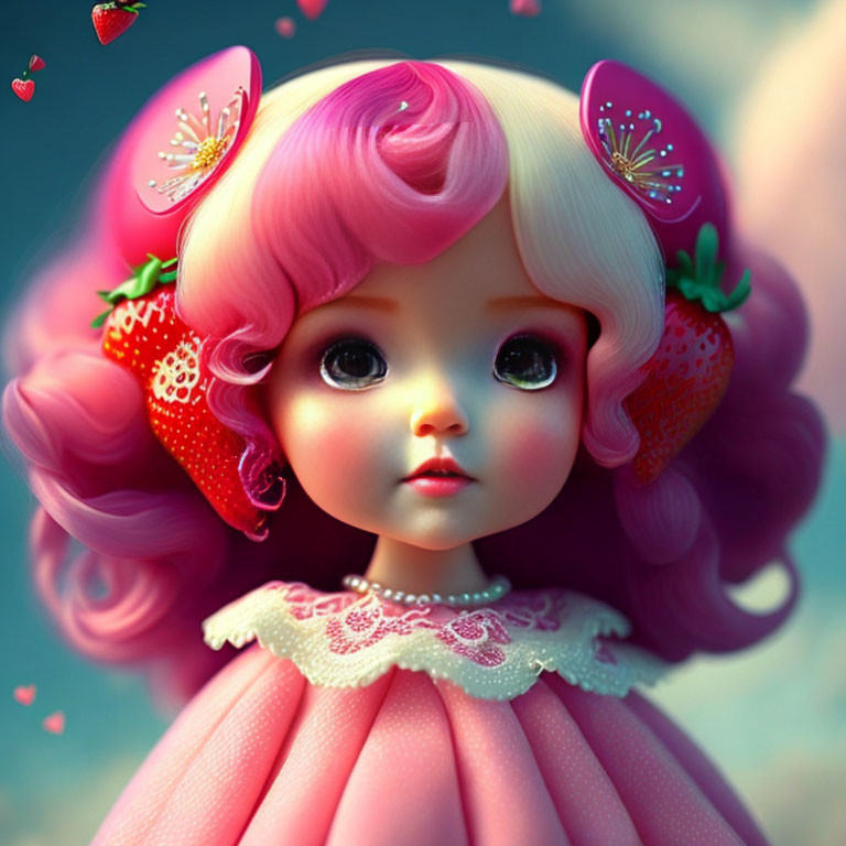 Illustration of doll-like girl with pink curly hair and strawberry accessories in lace dress, surrounded by hearts