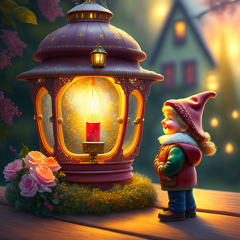 Whimsical gnome with lantern on enchanting evening