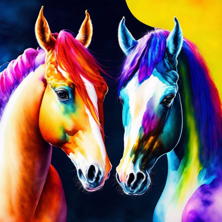 Colorful Painted Horses in Purple and Orange on Yellow and Blue Background