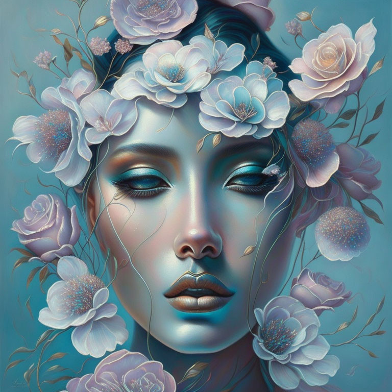 Serene woman portrait with closed eyes and floral crown in soft blue and pink hues