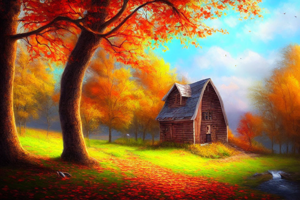 Tranquil autumn scene with rustic cabin, vibrant foliage, fallen leaves, and gentle stream