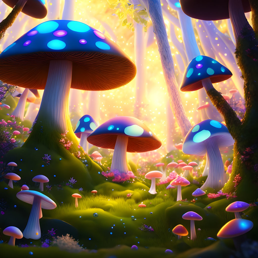 Enchanting forest scene with oversized, luminous mushrooms in shades of blue and pink