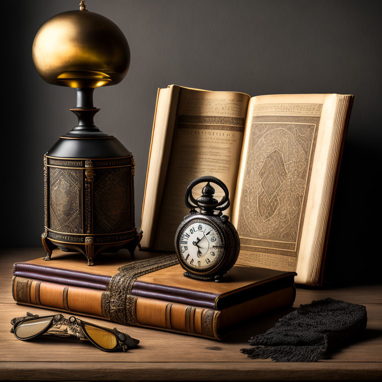 Collection of Vintage Items: Open Book, Antique Clock, Glasses, Leather-bound Books, Golden Dome Decor