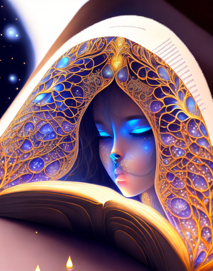 Illustration of person with blue features in golden book arch with cosmic elements