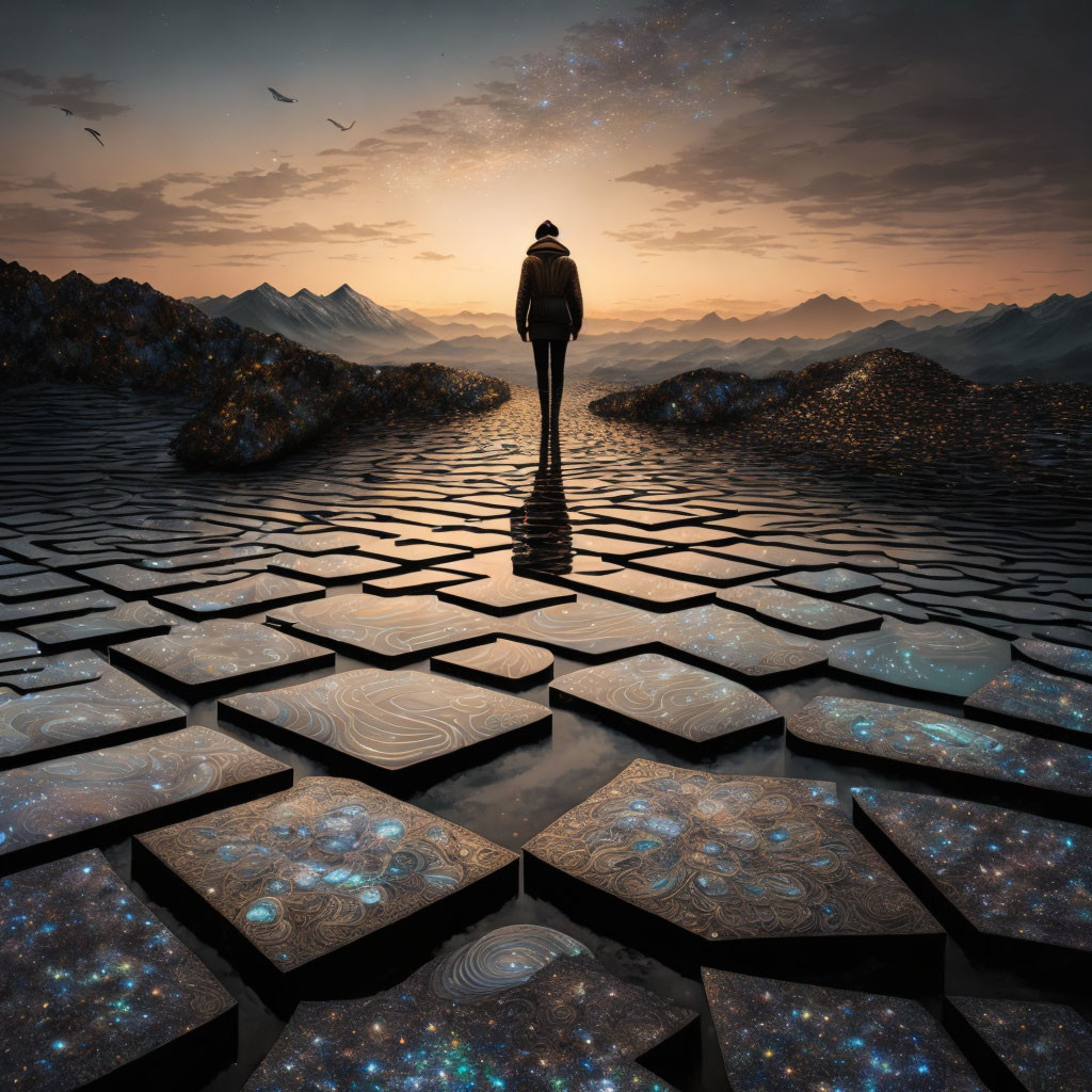 Person standing on hexagonal tiles by water at sunset with birds and mountains.