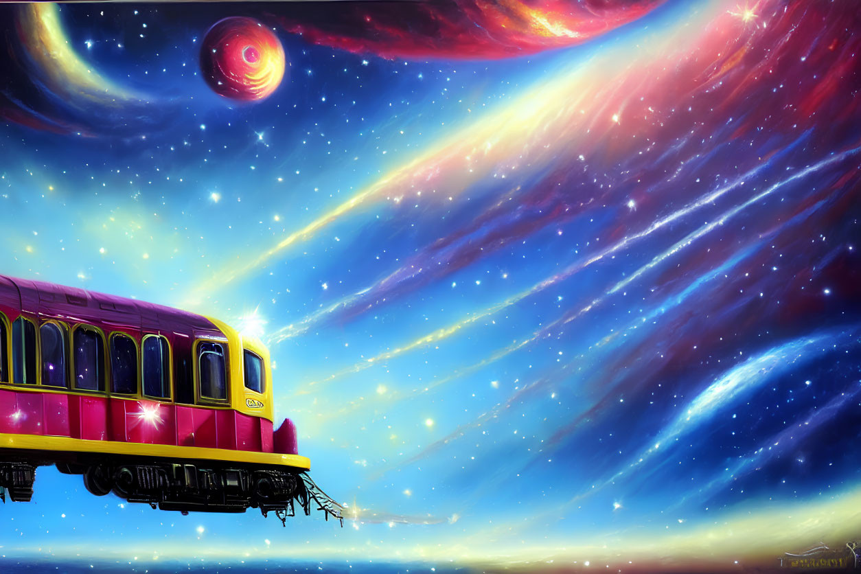 Colorful train in cosmic space with stars, nebulae, planet, and comet