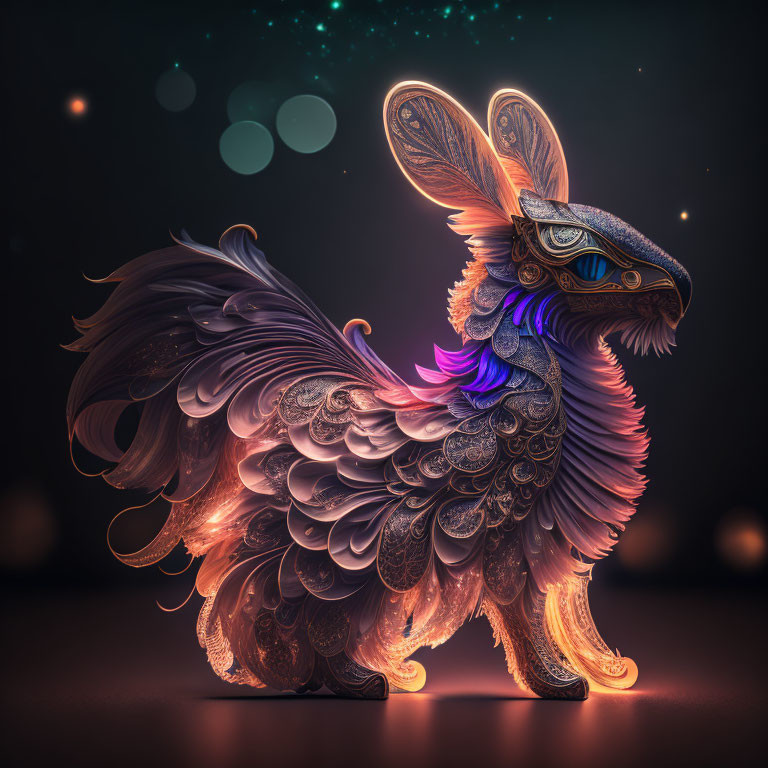 Intricately designed luminescent rabbit with feather-like fur on dark background