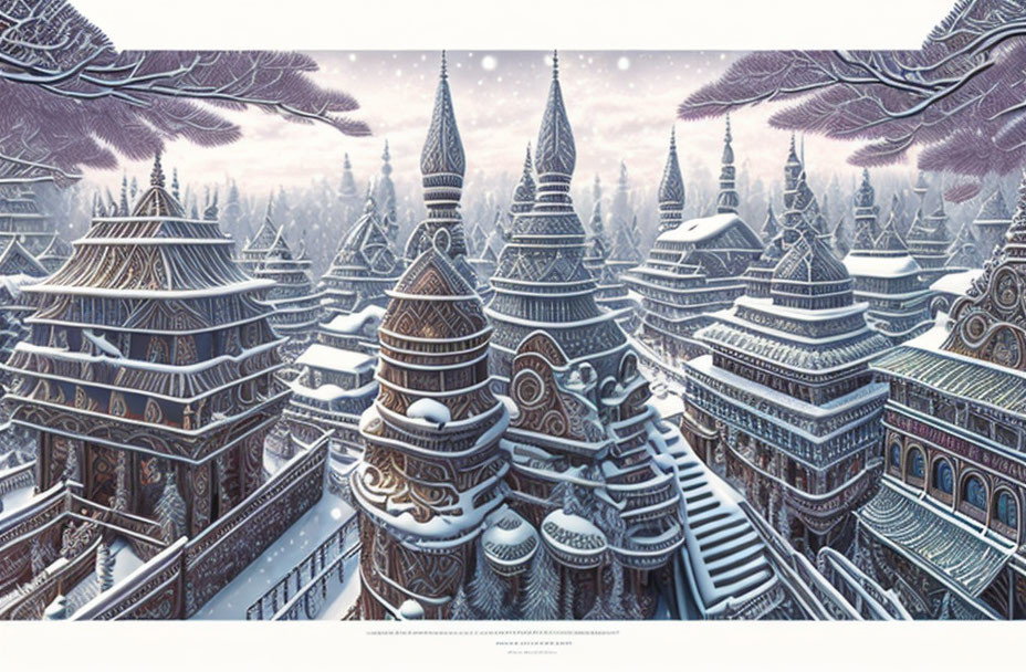 Fantastical snowy cityscape with intricate buildings and feathered wings