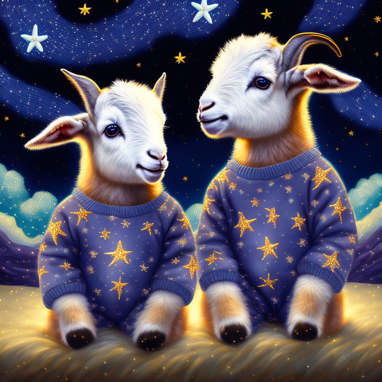 Cartoon goats in star-patterned sweaters under night sky