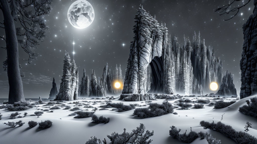 Snowy Moonlit Landscape with Rock Formation and Illuminated Orbs