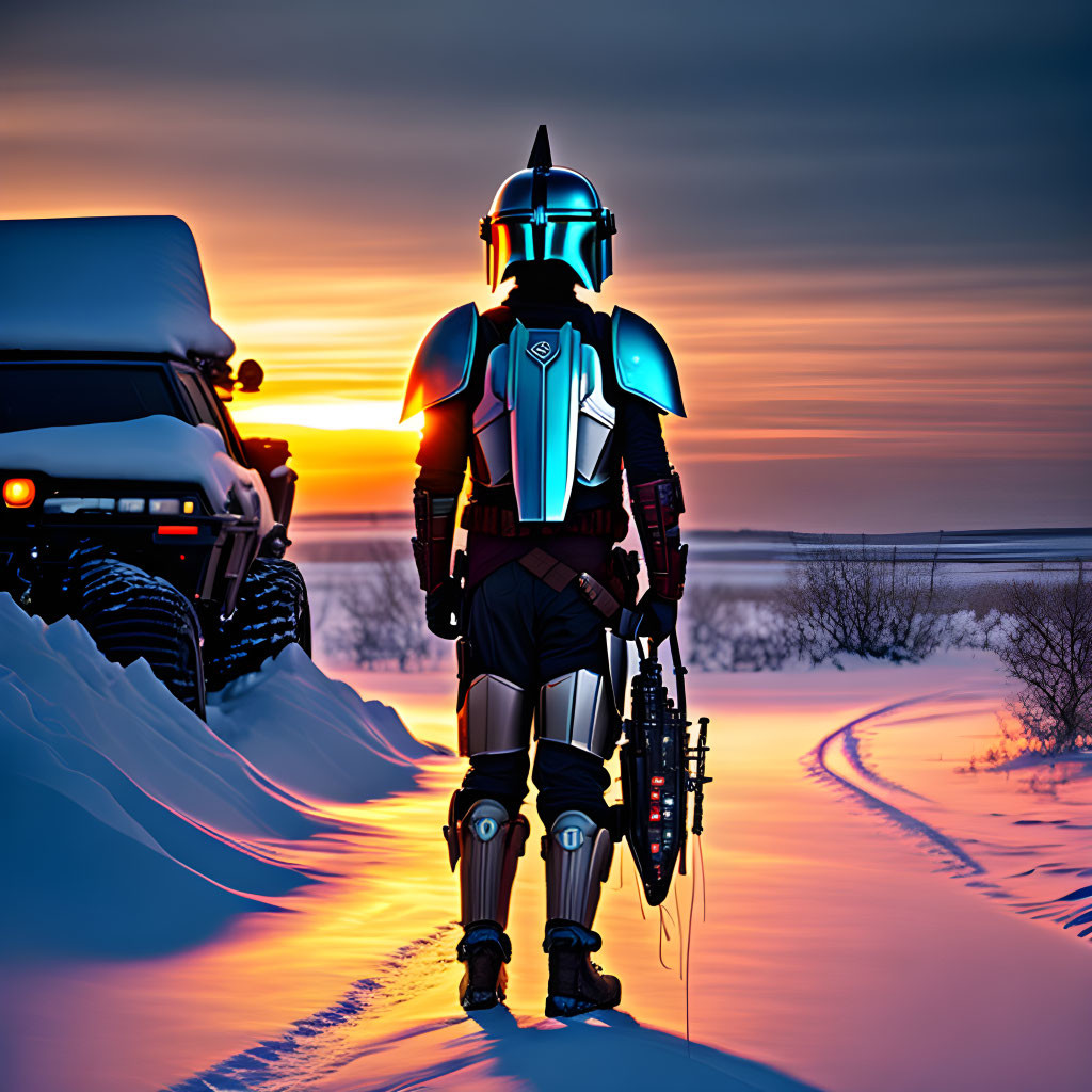 Futuristic armored person by vehicle on snowy path at sunset