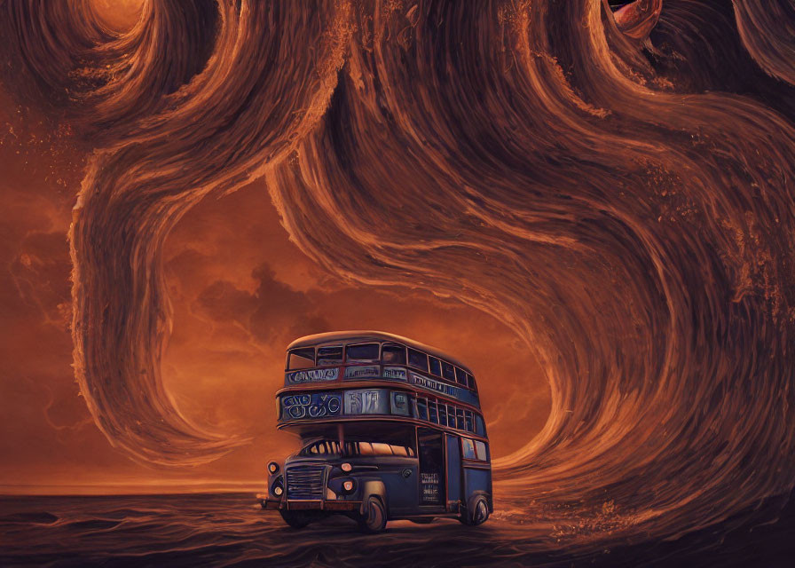 Vintage Double-Decker Bus Under Orange and Brown Swirling Sky