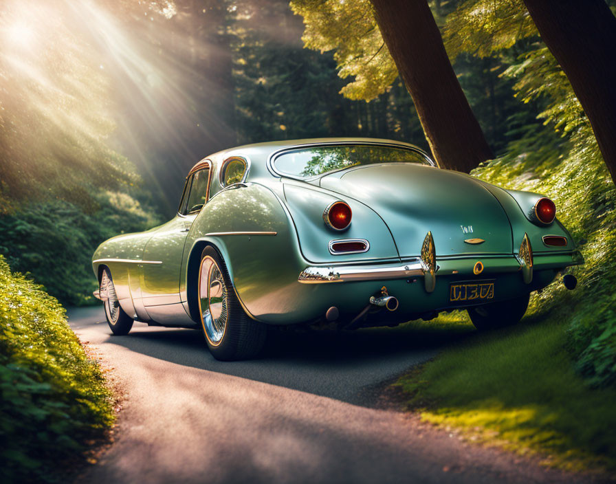 Classic Green Sports Car Driving Through Forest with Sun Rays