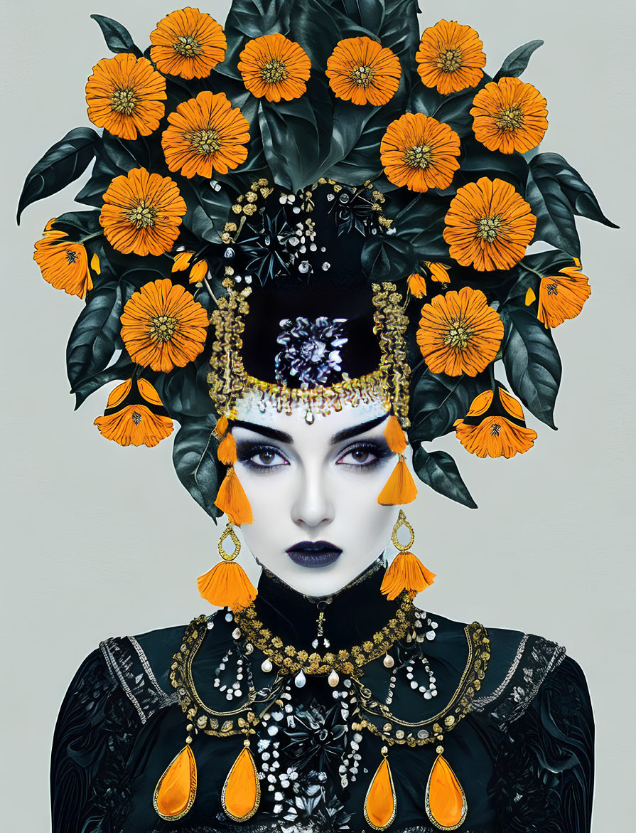 Person with Orange Flower Headdress and Black/White Jewelry