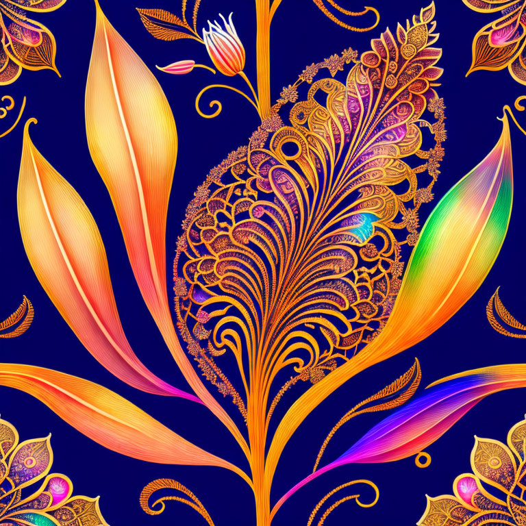 Colorful Peacock Feather and Floral Motifs Illustration on Deep Blue Background