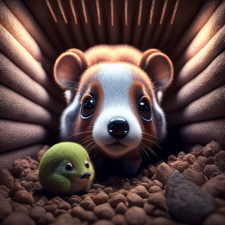 Stylized illustration of adorable hamster with glossy eyes and green creature on textured pebbles.