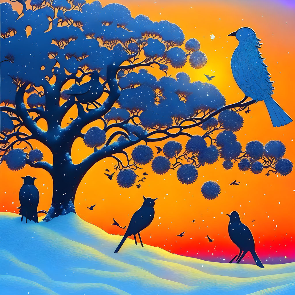 Birds silhouetted on tree branches against vibrant orange and blue sky with snow-covered ground.