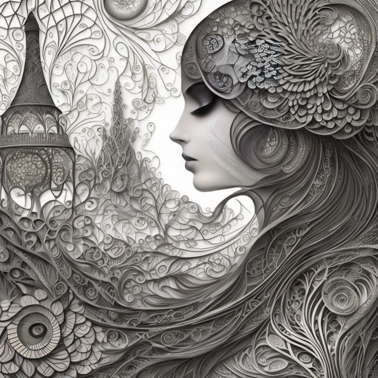 Detailed black and white profile illustration of a woman with ornate patterns and Eiffel Tower motif