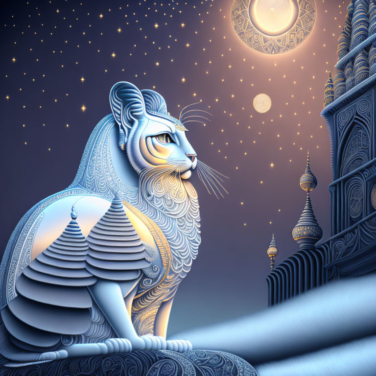 Majestic lion illustration with patterns on body against fantasy backdrop