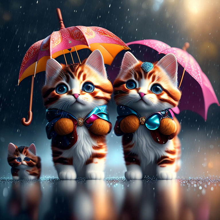 Stylized anthropomorphic kittens under shared umbrella in rain