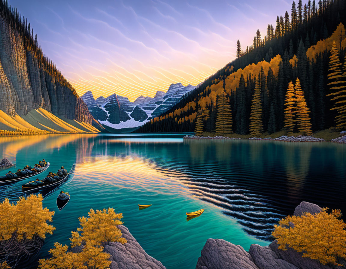 Tranquil mountain lake at sunset with canoes, autumnal forests, cliffs, and vibrant sky