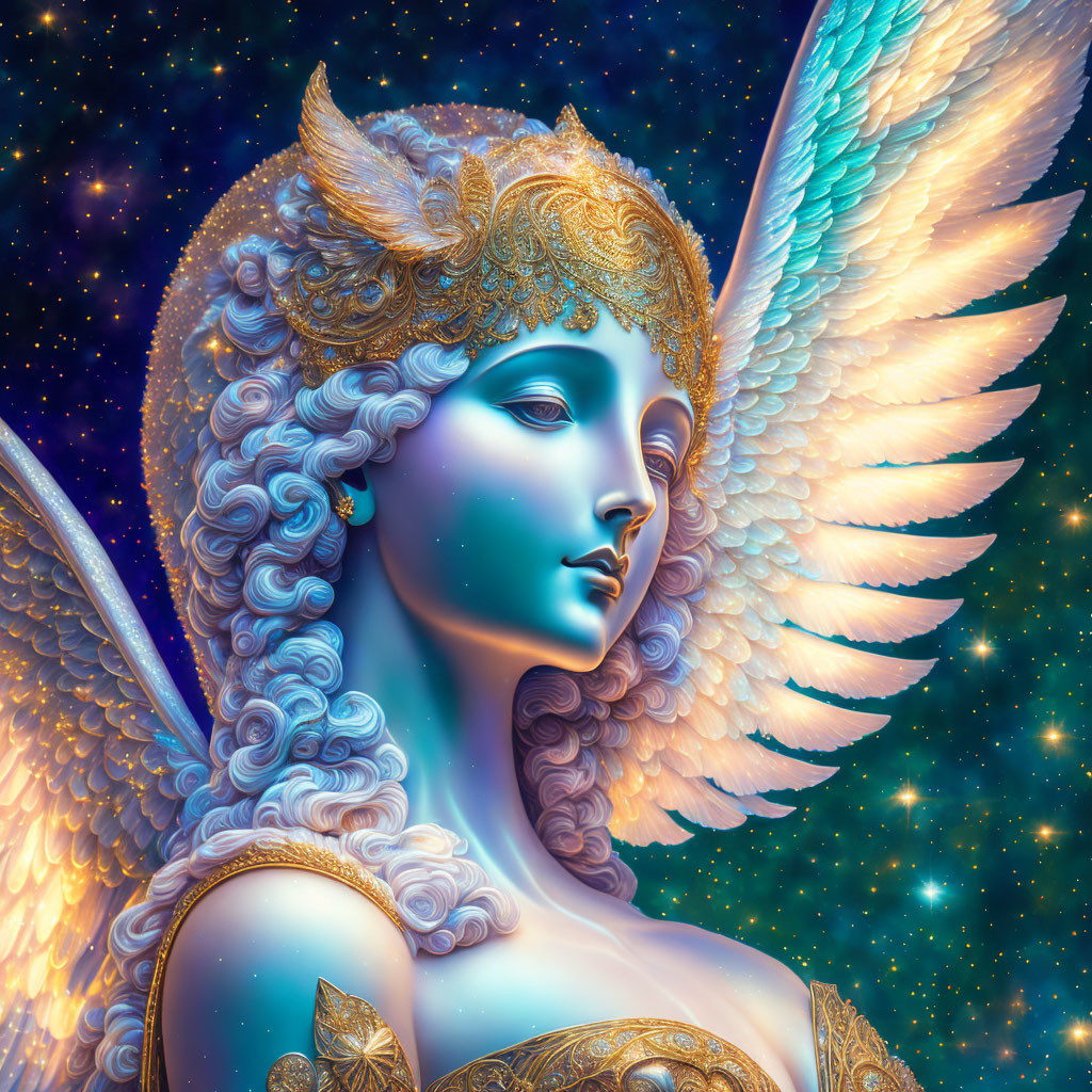 Blue-skinned angelic figure with golden headdress and intricate wings on starry background