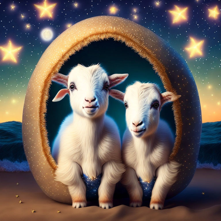 Illustrated goats in celestial beach scene with glowing portal frame