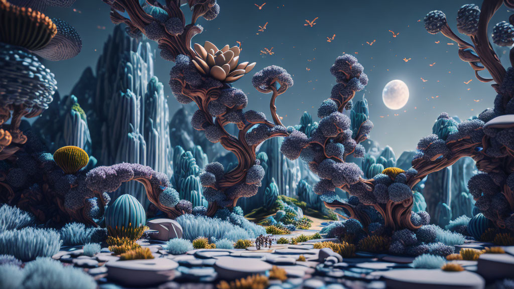 Alien landscape with tree-like formations, vibrant flora, full moon, birds in twilight sky