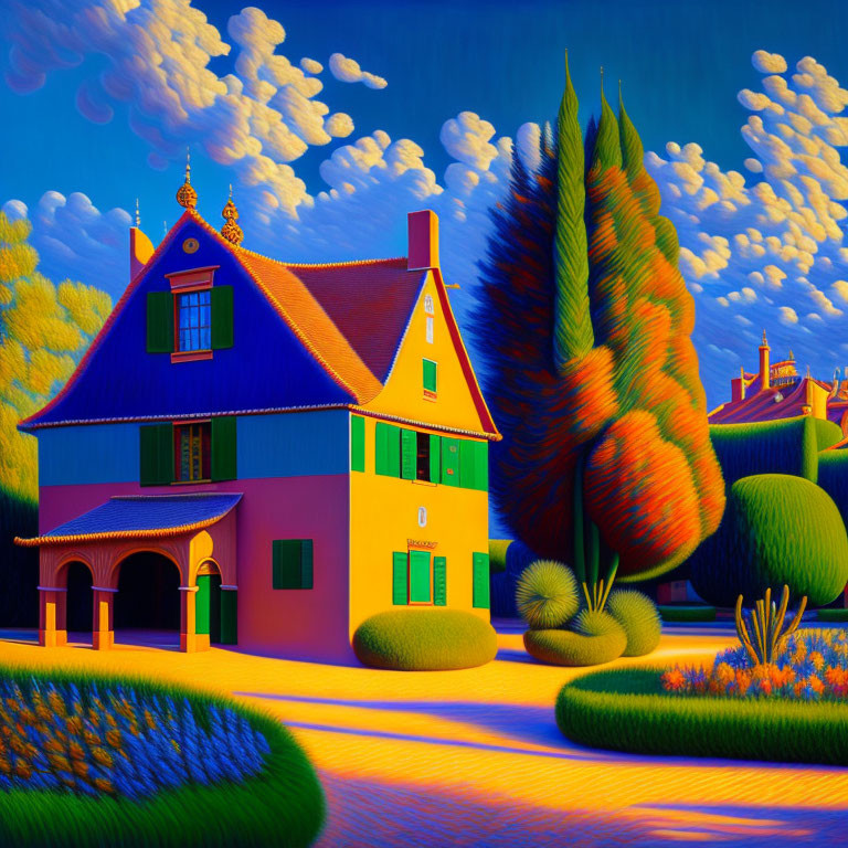 Surreal painting: Blue house, green shutters, stylized trees, yellow sky