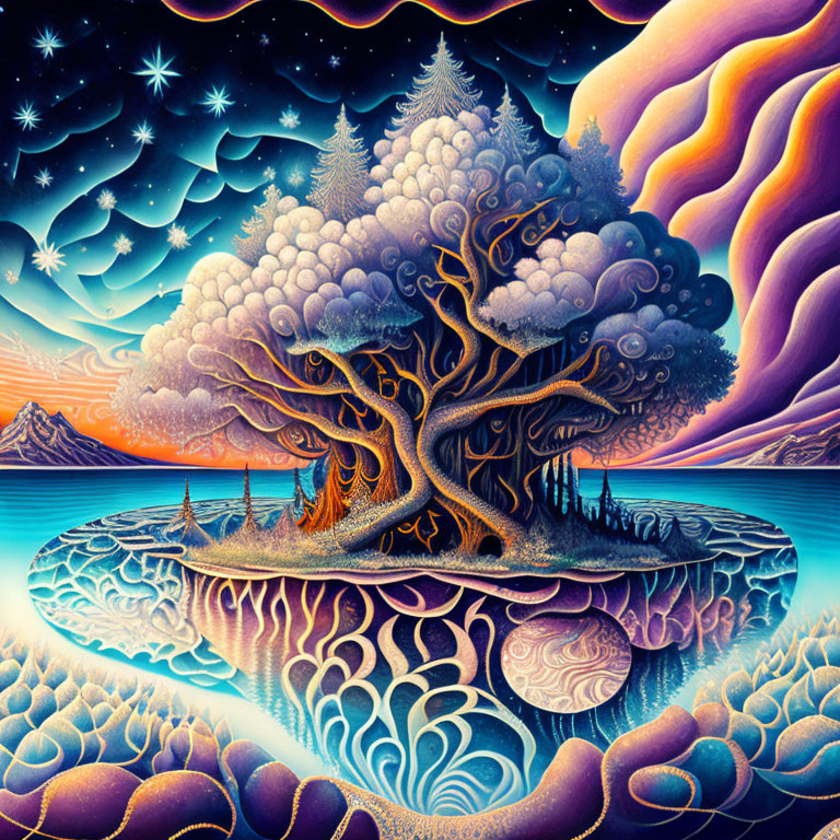 Majestic tree on floating island in vibrant fantasy landscape