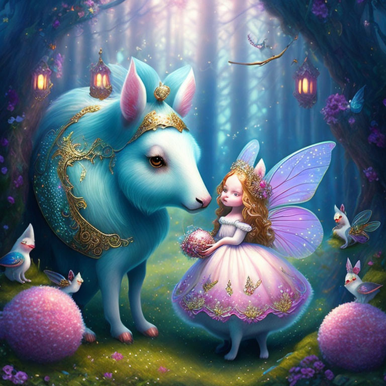 Magical artwork of girl with fairy wings embracing blue fox surrounded by whimsical creatures