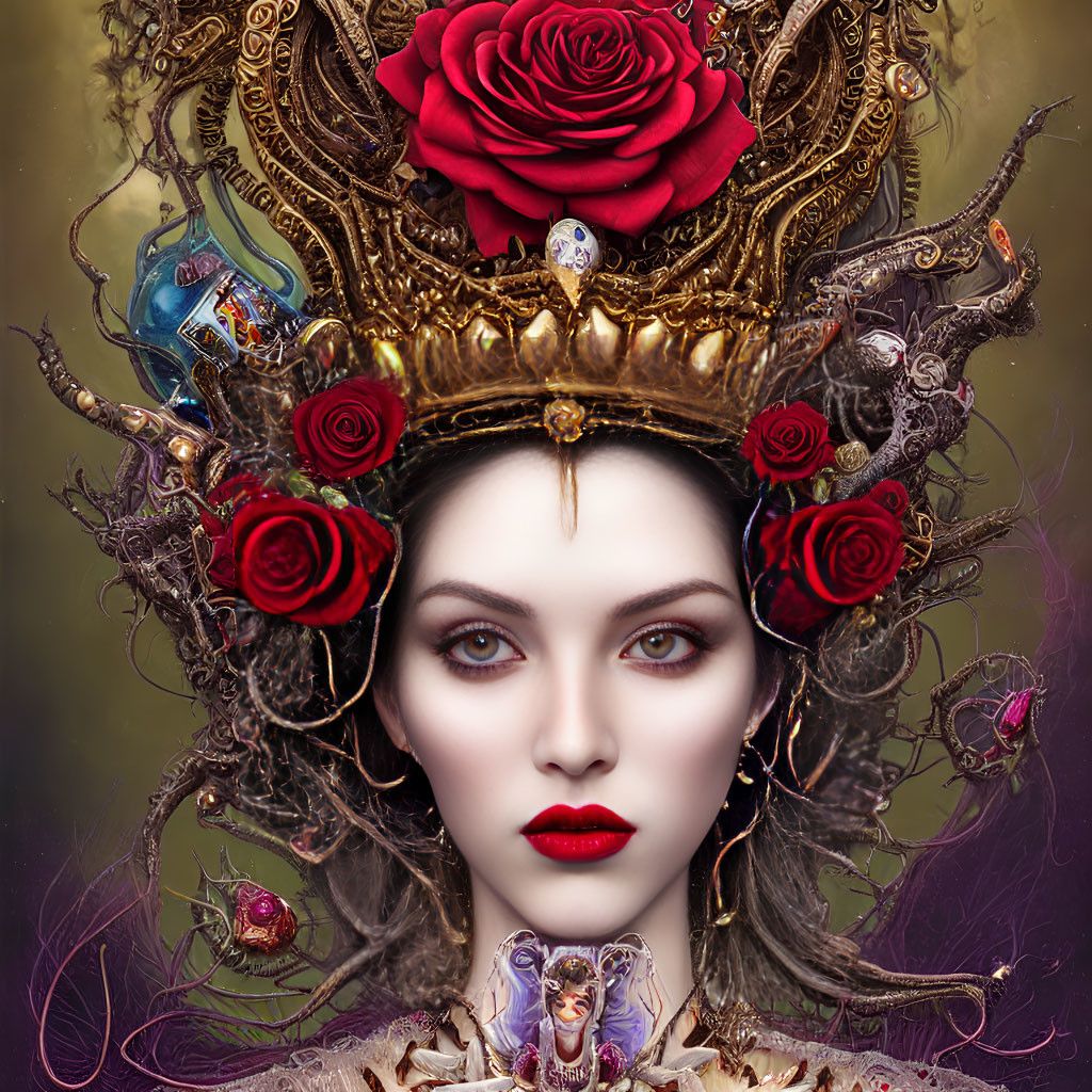 Regal woman with ornate crown and piercing eyes surrounded by metallic and organic embellishments