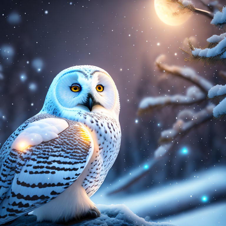 Snowy owl perched on branch in serene snowy night