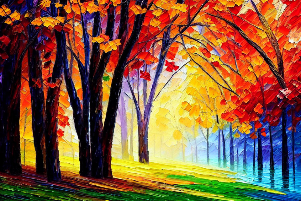 Colorful autumn forest painting with vibrant red, orange, and yellow leaves.