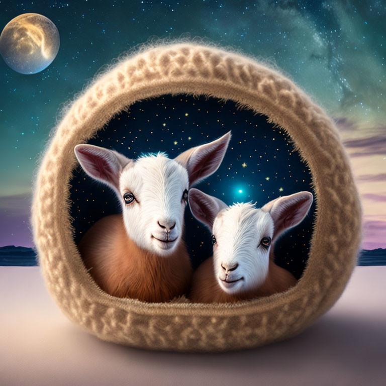 Goats in woolen sphere under night sky crescent moon