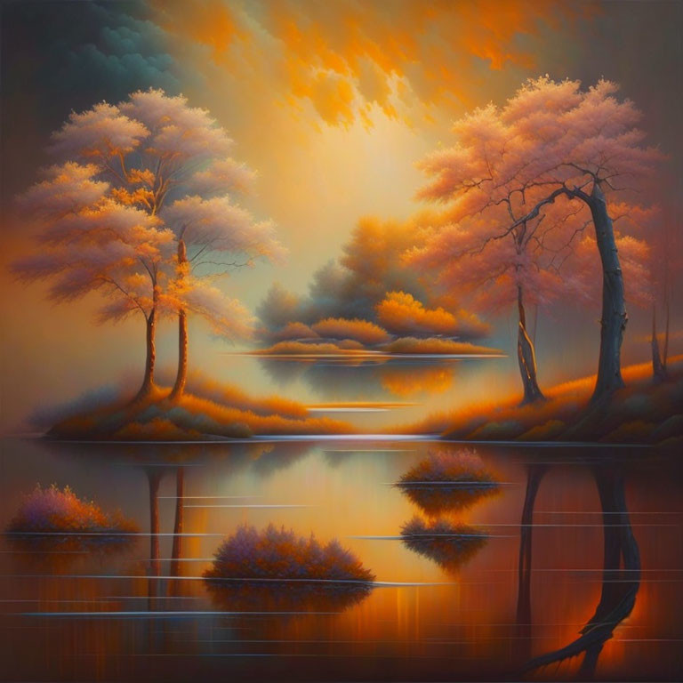 Tranquil lake sunset painting with pink foliage and orange sky