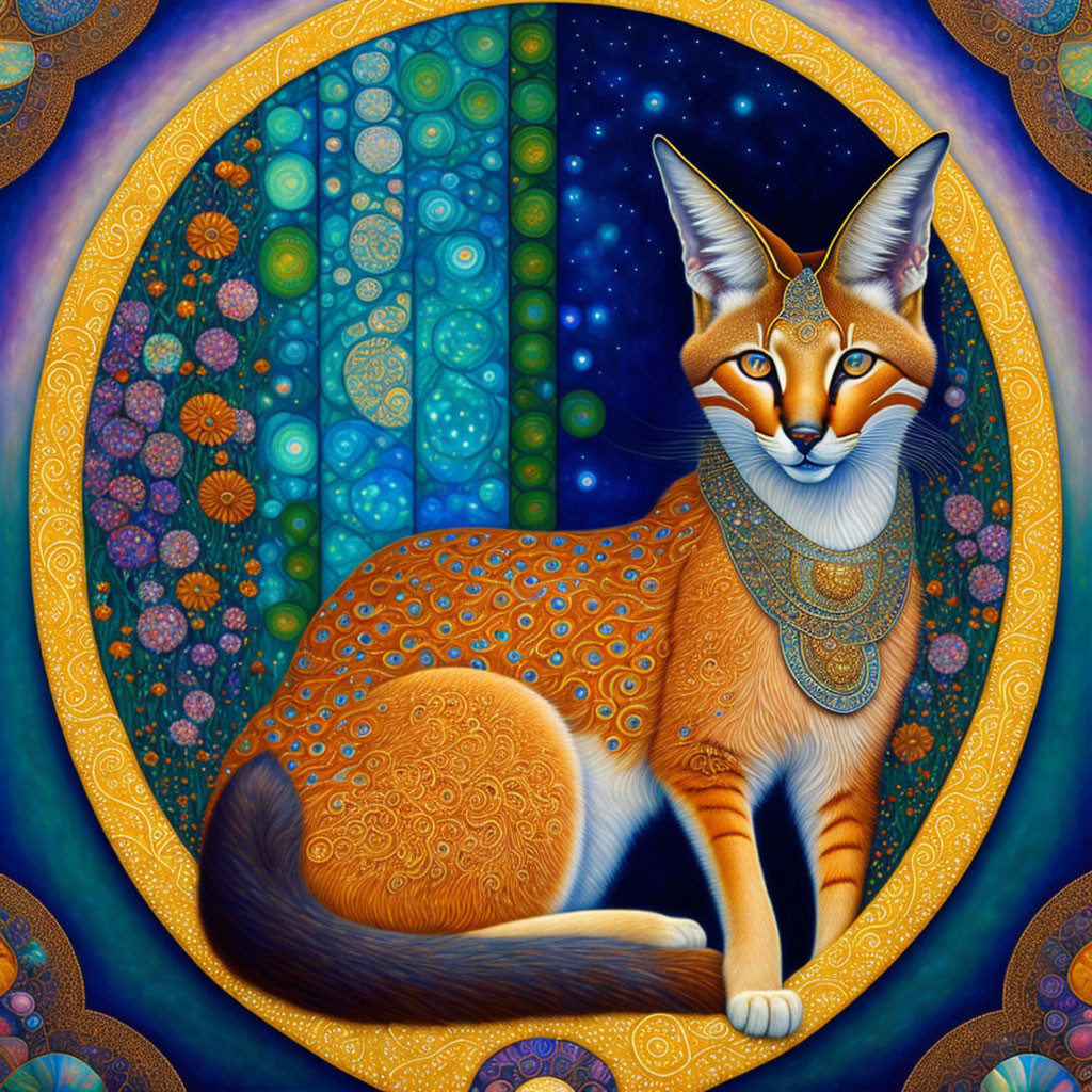 Colorful Stylized Image of Majestic Cat with Intricate Patterns and Decorative Headdress