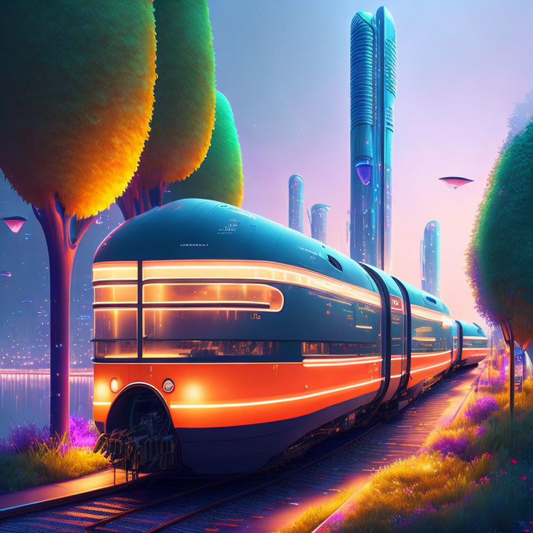 Futuristic blue and orange train on neon-lit track amidst modern cityscape