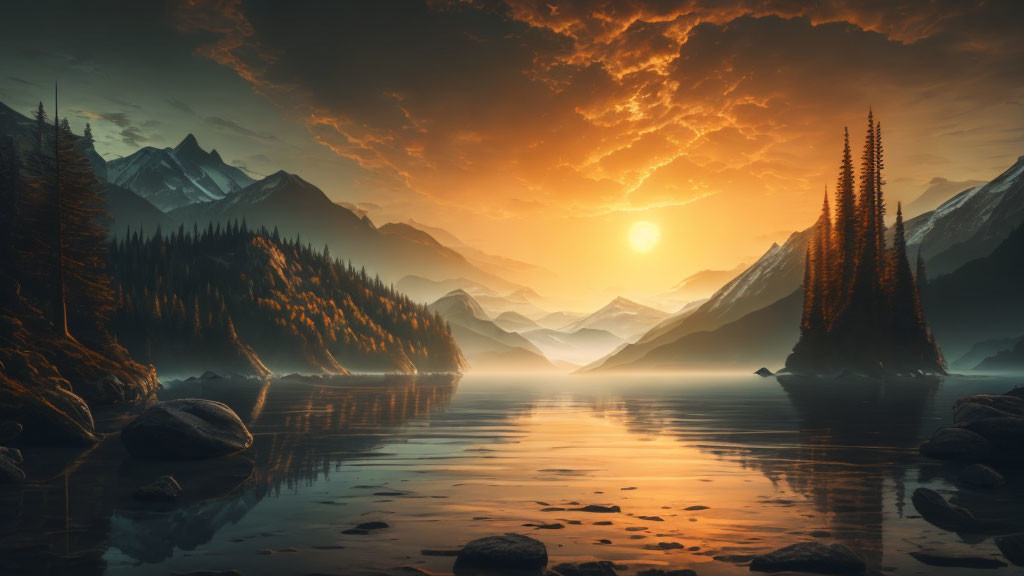 Tranquil sunset over mountainous landscape and lake