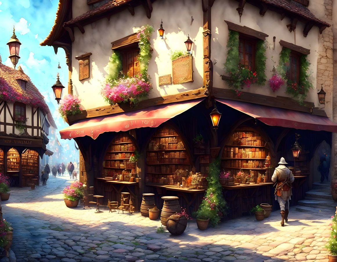 Charming village street with cobblestones, half-timbered buildings, bookstore, flowers,