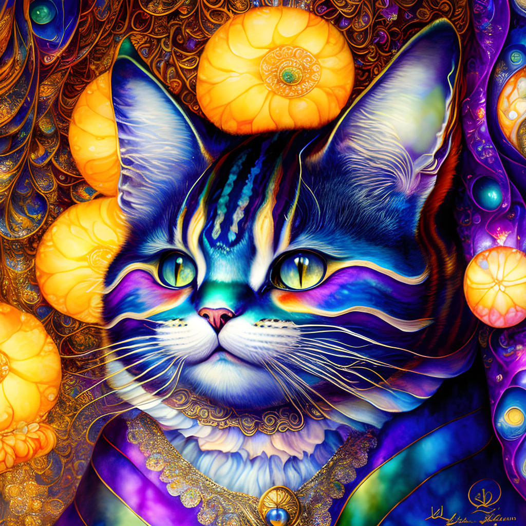 Colorful Cat Artwork with Swirling Psychedelic Designs in Blue, Orange, and Gold