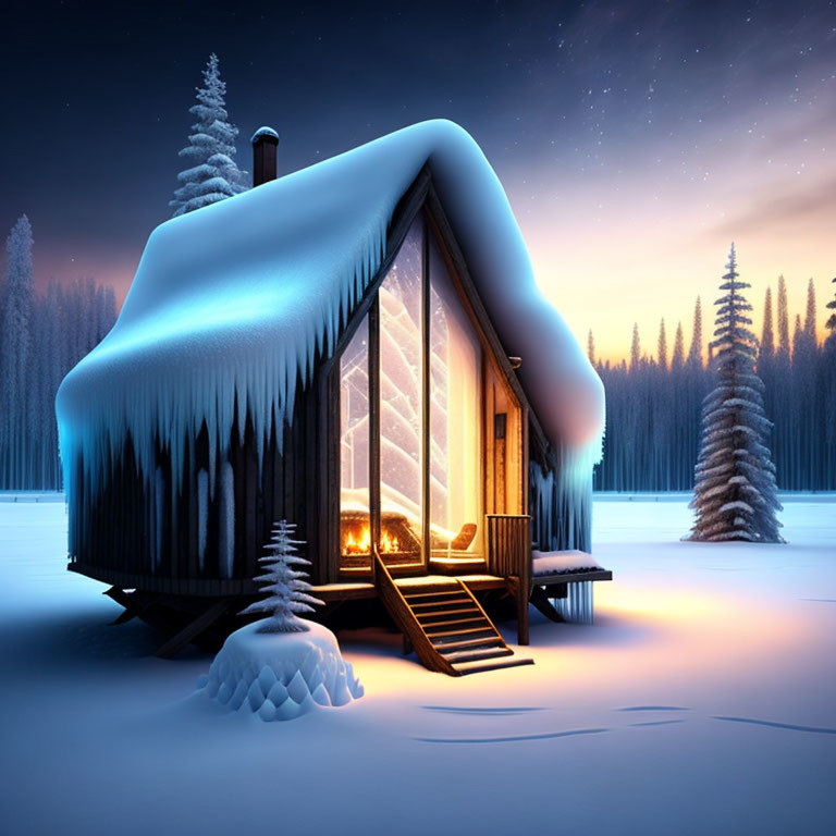 Snow-covered cabin in serene winter landscape with glowing windows