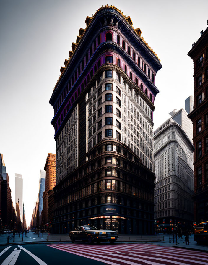 Triangular Building with Taxi Passing at Dawn or Dusk