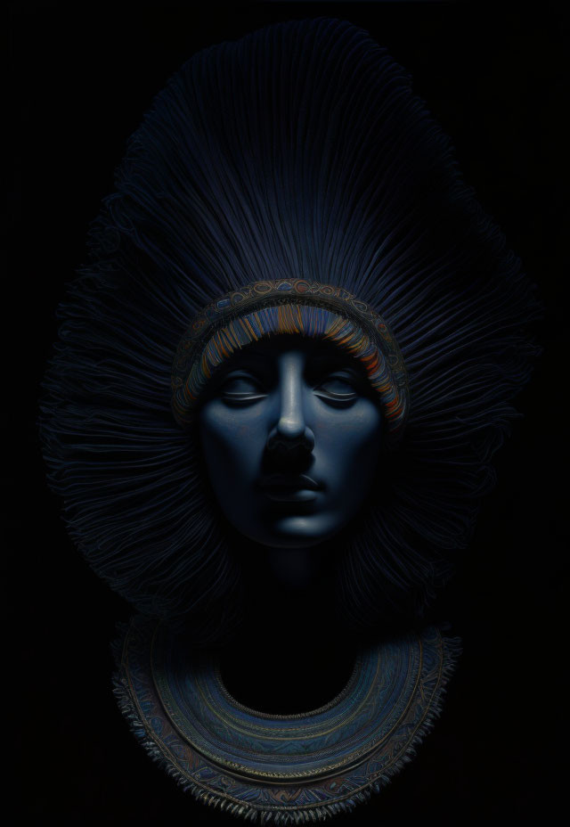 Dark-hued bust with ornate headdress and collar, exuding serene majesty