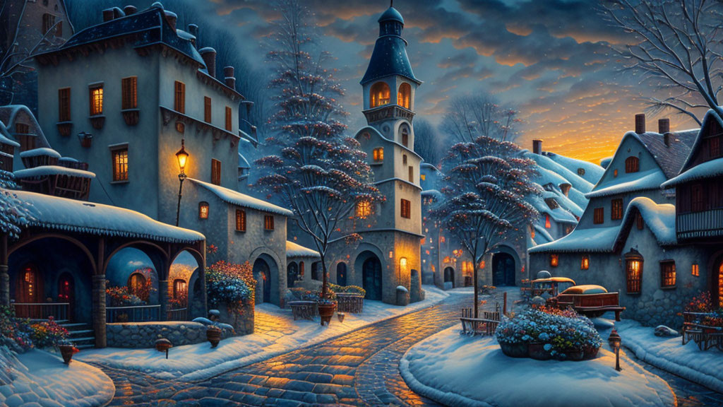 Snow-covered winter village scene with illuminated cottages and festive trees