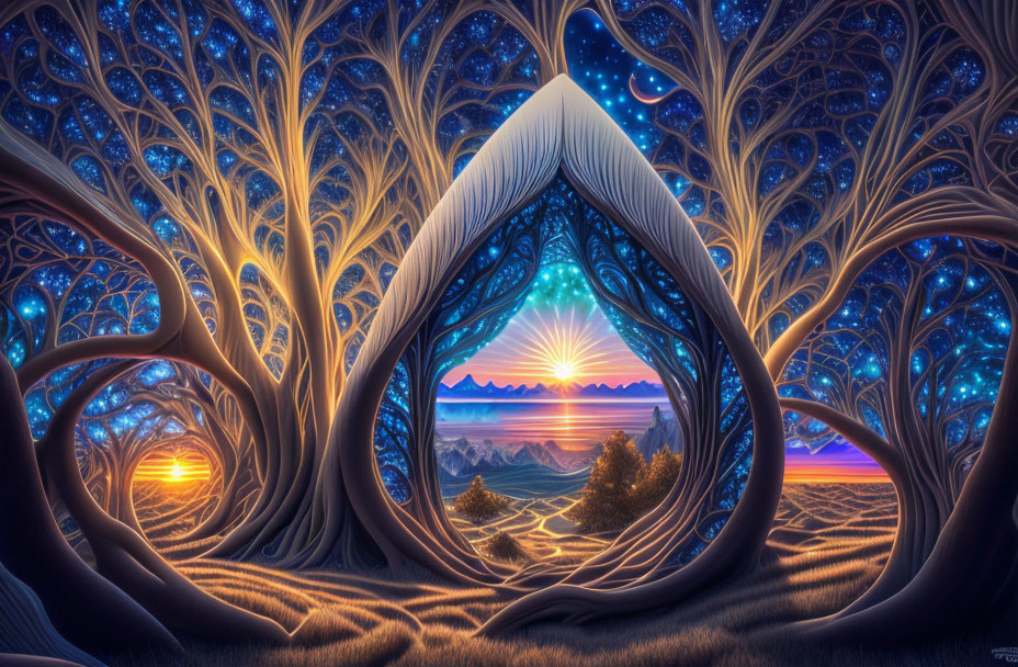 Fantasy nature digital art: Sunrise between intertwining trees