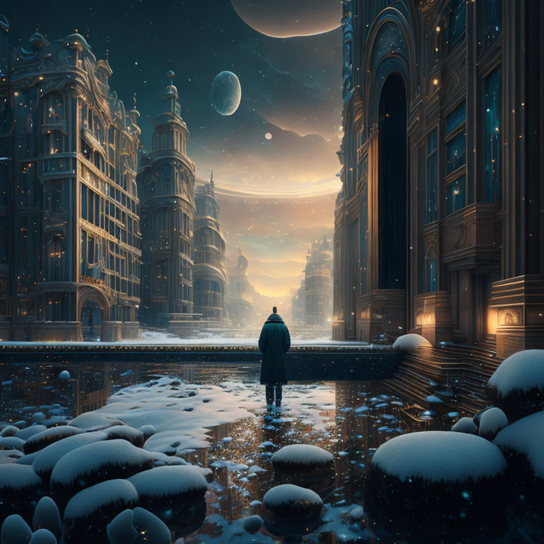 Solitary figure in snow-covered cityscape under twilight sky