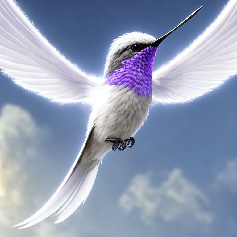 White and Purple Hummingbird Hovering in Mid-Air against Cloudy Blue Sky