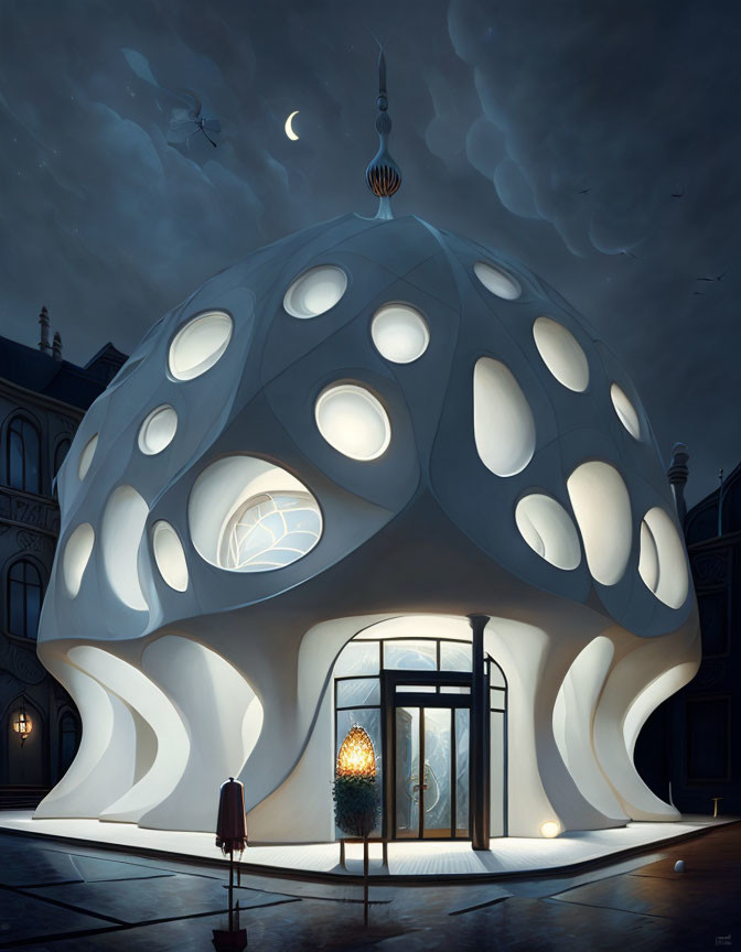 Futuristic dome-shaped building with circular windows in urban night scene