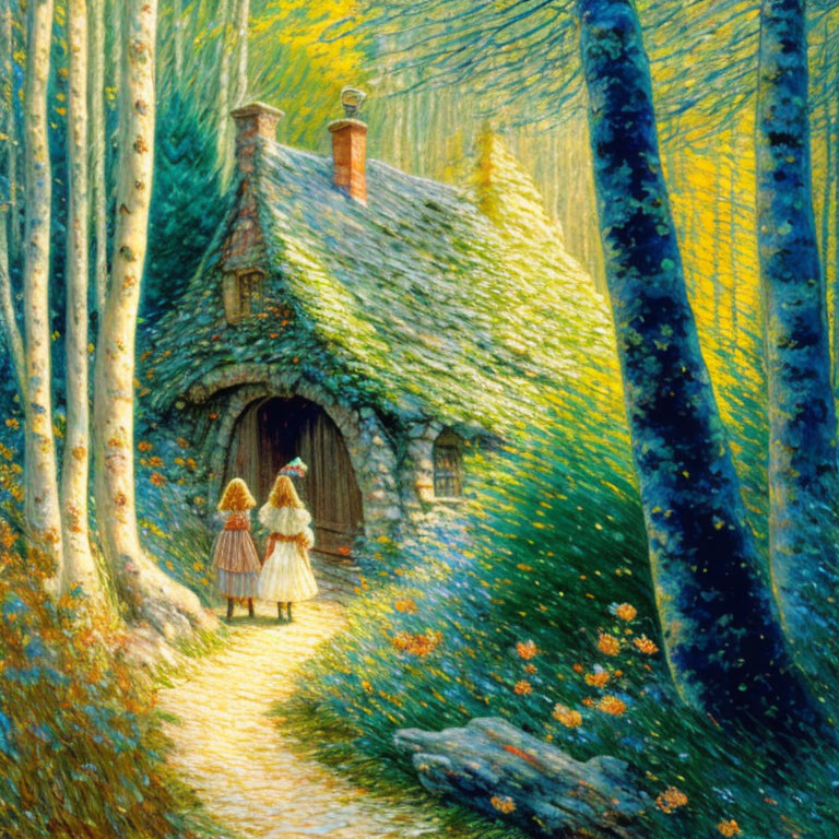 Two people near a cozy cottage in a sunny forest